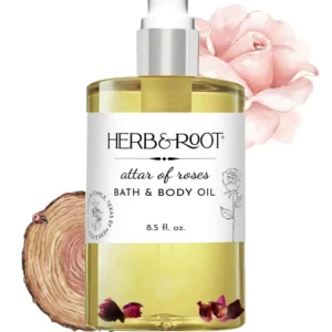 Herb & Root rose and sandalwood bath oil is a multi-use moisturizer crafted with almond, rice bran, and grapeseed oil.
