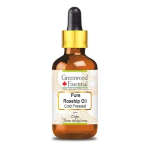 Greenwood Essential Rosehip Oil, extracted from Rosa Rubiginosa, is a 100% pure, cold-pressed, therapeutic-grade oil in a 30ml amber glass bottle, known for its anti-aging properties and benefits for both skin and hair.