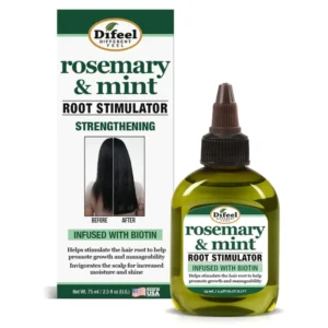 Difeel Rosemary and Mint root stimulator with Biotin promotes hair growth, strengthens roots, and improves manageability and shine for thicker, fuller hair.
