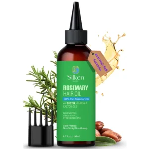 Silken Oasis rosemary oil infused with biotin, castor and jojoba oil promotes hair growth and a healthy scalp for both women and men.