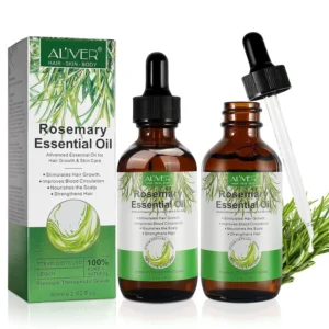 Bottle of pure rosemary essential oil promotes hair growth, nourishes skin, and offers aromatherapy benefits.