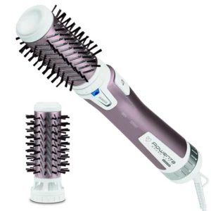 Black and silver Rowenta Brush Activ Premium Care rotating hot air brush with dual ion boosters, cashmere keratin coating, and argan oil for smooth and shiny hair.