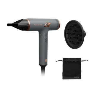 Rowenta Maestria Nano hair dryer in grey and rose gold with concentrator attachment, offering fast, shiny hair with Air-to-Care technology and multiple speed settings.