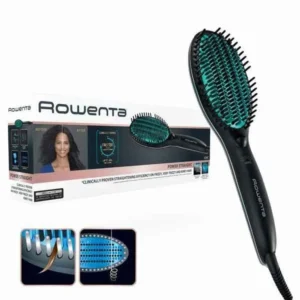 The Rowenta Power Straight hair straightening brush is designed for quickly smoothing curly and very curly hair with even heat and an ion generator for shine and frizz control.