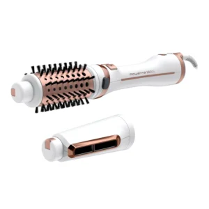 The Rowenta rotating hot air brush with ceramic coating and ionic effect delivers radiant shine and volume while protecting hair health.