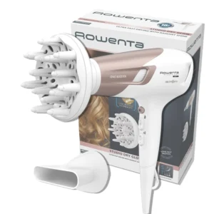 The Rowenta Studio Dry hair dryer in white and rose gold features a concentrator and diffuser attachment for versatile styling.