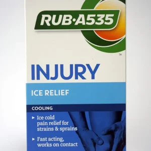 This image shows a 150g tube of Rub A535 Ice Gel, a therapeutic thermal compress manufactured by Church and Dwight.