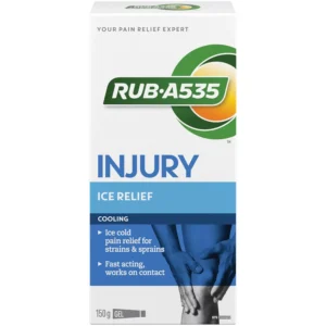 A tube of RUB A535 Ice Gel, providing fast-acting, ice-cold pain relief for sprains and strains, is shown.