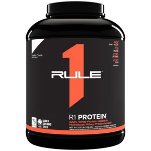 This image showcases Rule 1 Vanilla Crème whey protein powder, featuring 25 grams of protein from isolate and hydrolyzed sources to support muscle recovery and growth.