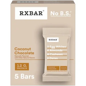 A box of RXBAR Coconut Chocolate protein bars providing 12g of protein and made with real food ingredients for a healthy snack.