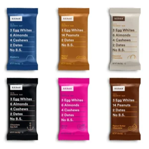This image shows a pack of 12 RXBAR protein bars, a high protein and gluten-free snack made with real food ingredients.