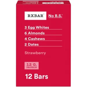 Twelve RXBAR Strawberry protein bars in a 22oz box, offering 12g of protein per bar and made with simple ingredients like strawberries, egg whites, and dates.