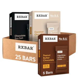 RXBAR protein bars variety pack with chocolate sea salt, peanut butter chocolate, and coconut chocolate flavors, offering 12g of protein per gluten-free bar, perfect for on-the-go snacking and active lifestyles.