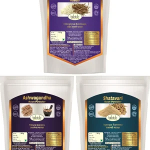 This image shows Biotic Safed Musli, Ashwagandha, and Shatavari Powder, a 300gm pack containing 100gms of each herb.