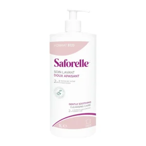 One litre pump bottle of Saforelle Gentle Cleansing Wash for daily use on irritated or dry skin and mucous membranes.