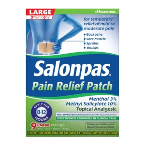 Salonpas large pain relieving patches with a minty scent in proper packaging, ideal for pain relief.