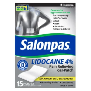 Image of Salonpas Lidocaine Pain Relieving Gel Patches, offering maximum strength pain relief in a 15-count pack.