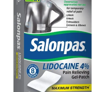 This image shows a two-pack of Salonpas Lidocaine 4% pain relieving gel-patches, with 6 patches in each sleekly designed box for maximum strength relief.