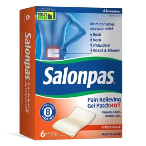 This image displays Salonpas Pain Relieving Hot Gel-Patches, a medication designed to alleviate pain, available in a pack of 6.