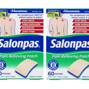 Two boxes of Salonpas pain relieving patches, each containing 60 counts, for a total of 120 patches.