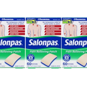 Salonpas pain relieving patches offer temporary relief for backache, sore shoulders, stiff neck, and joint pain, thanks to their three powerful analgesics and flexible fabric.