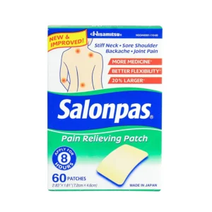 Salonpas pain relieving patches in a safe and secure packaging, designed for perfection and compact construction to provide targeted relief.