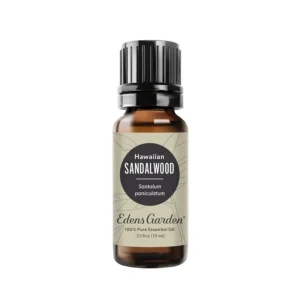 A 10 ml bottle of Edens Garden Hawaiian Sandalwood essential oil, a pure, GC/MS tested therapeutic grade oil ideal for perfumes, body care, and diffusion.
