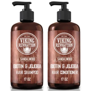 Viking Revolution sandalwood shampoo and conditioner set with biotin and jojoba oil promotes hair growth while moisturizing and reducing irritation.