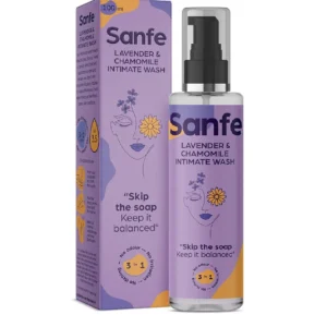 Sanfe natural intimate wash, free from harsh chemicals, gently cleanses while preventing odour, itching, and irritation for feminine hygiene.