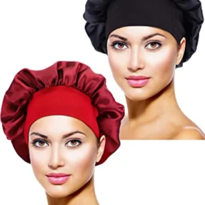 This set features two soft satin bonnets with elastic bands, designed to protect hairstyles and reduce frizz while sleeping, suitable for women and girls.