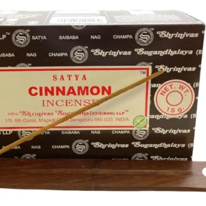 Bundle of Satya Bangalore cinnamon incense sticks with a Govinda incense holder for burning the included hand-rolled, non-toxic fragrance sticks.