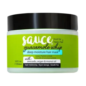 A jar of SAUCE BEAUTY Guacamole Whip deep moisture hair conditioner with avocado, honey, and argan oil.