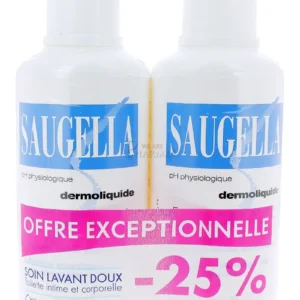 Two bottles of Saugella Dermoliquid intimate cleanser with Salvia Officinalis, a gentle solution for daily hygiene.