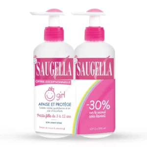 Two bottles of Saugella Girl intimate wash for daily hygiene of young girls aged 3 to 12 years old.