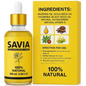 Savia hair growth oil made with mastered, methi dan, kalwanji, coconut, and rosemary oils to promote hair thickness and reduce hair loss in as little as two weeks.