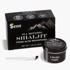 Sayan pure shilajit resin, harvested in the Altai Mountains, provides fulvic acid and trace minerals for immune support, energy, and detoxification, shown in a dark glass jar.