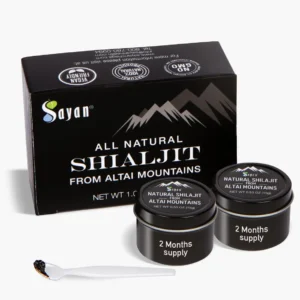A jar of Sayan Pure Authentic Altai Shilajit Resin supplement, a natural source of fulvic acid to support the immune system, energy, and detoxification for both women and men.