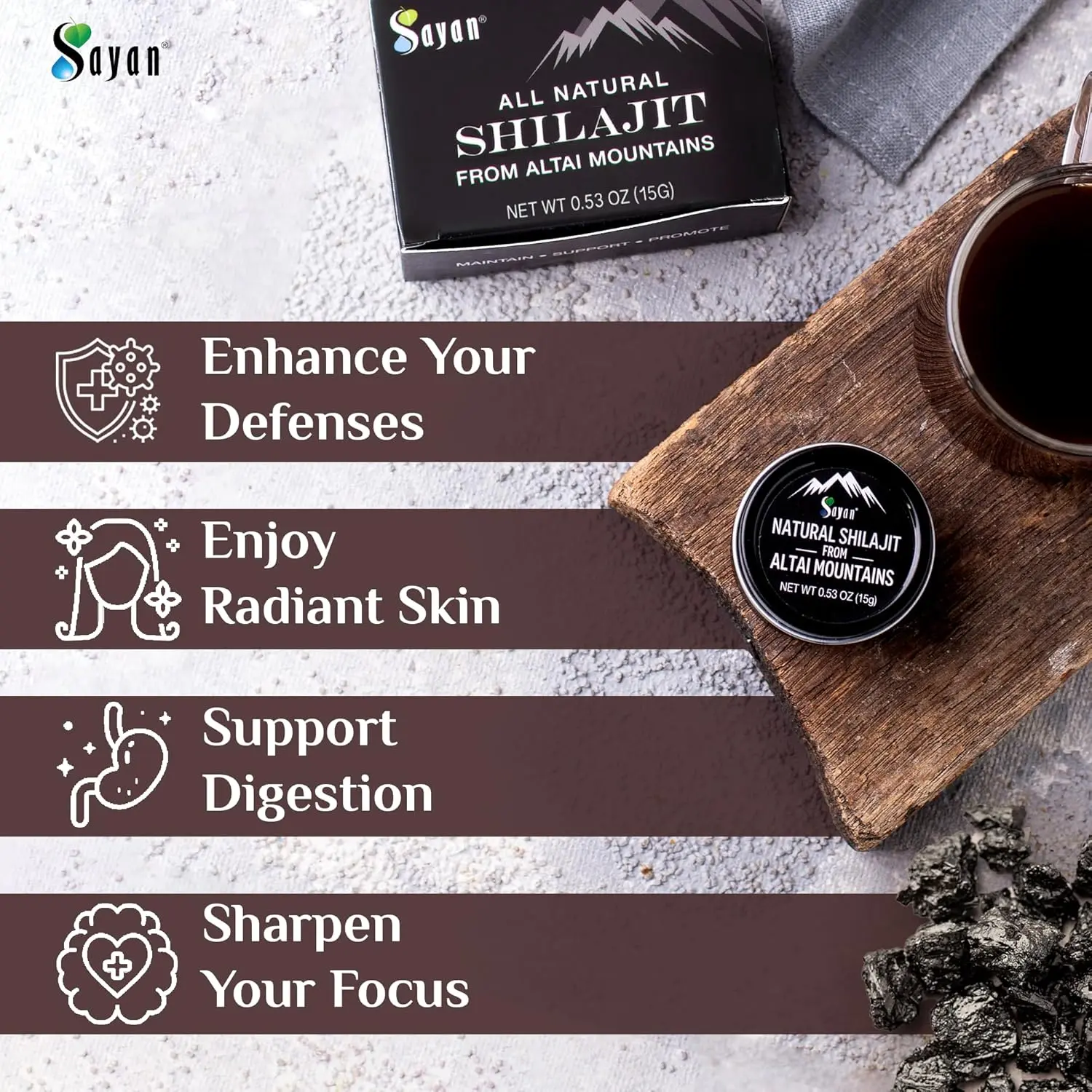 Sayan pure shilajit resin, harvested in the Altai Mountains, provides fulvic acid and trace minerals for immune support, energy, and detoxification, shown in a dark glass jar.