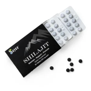Sayan pure Shilajit tablets, a black resin mineral pitch supplement sourced from the Altai Mountains, providing fulvic acid and trace minerals for immune support and energy.