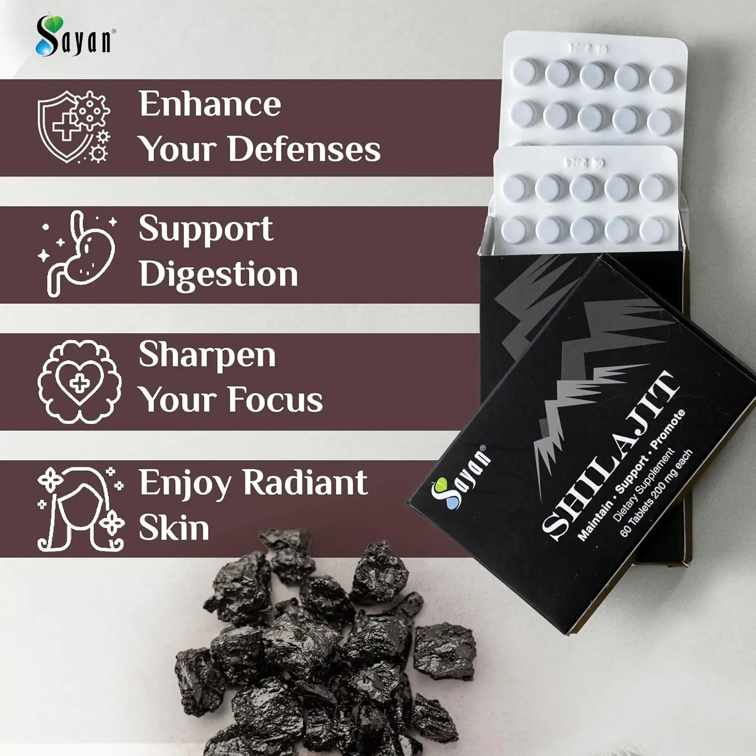Sayan pure Shilajit tablets, a black resin mineral pitch supplement sourced from the Altai Mountains, providing fulvic acid and trace minerals for immune support and energy.