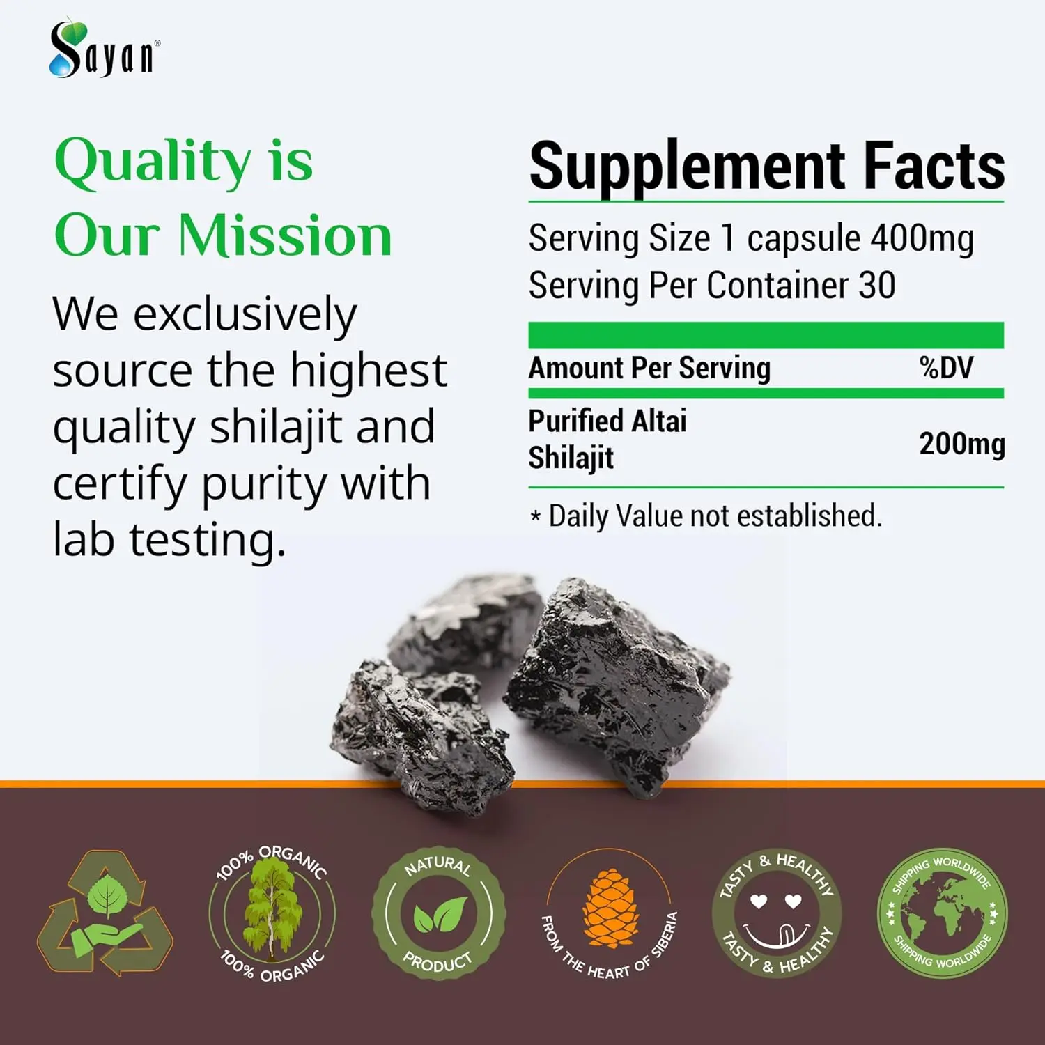 Sayan pure Shilajit tablets, a black resin mineral pitch supplement sourced from the Altai Mountains, providing fulvic acid and trace minerals for immune support and energy.