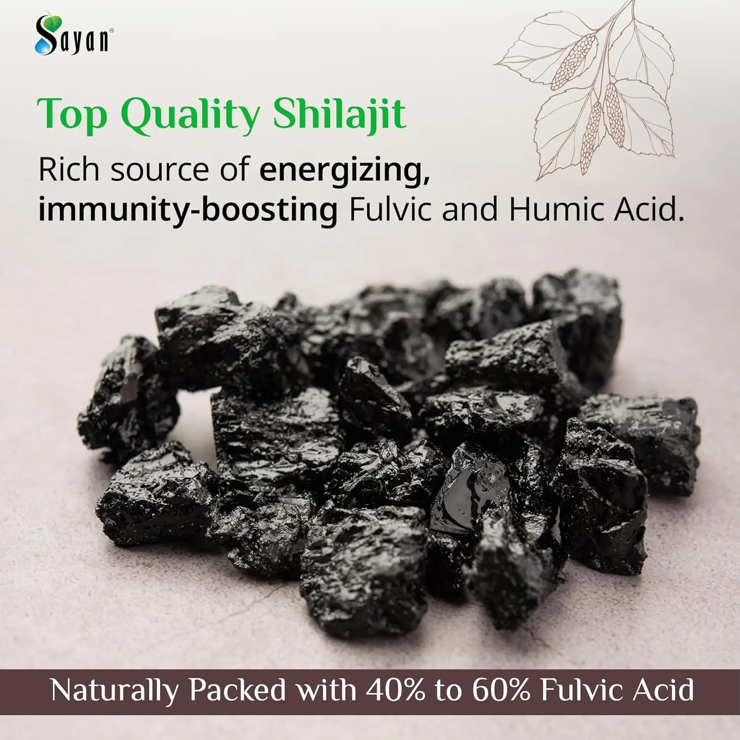 Sayan pure Shilajit tablets, a black resin mineral pitch supplement sourced from the Altai Mountains, providing fulvic acid and trace minerals for immune support and energy.