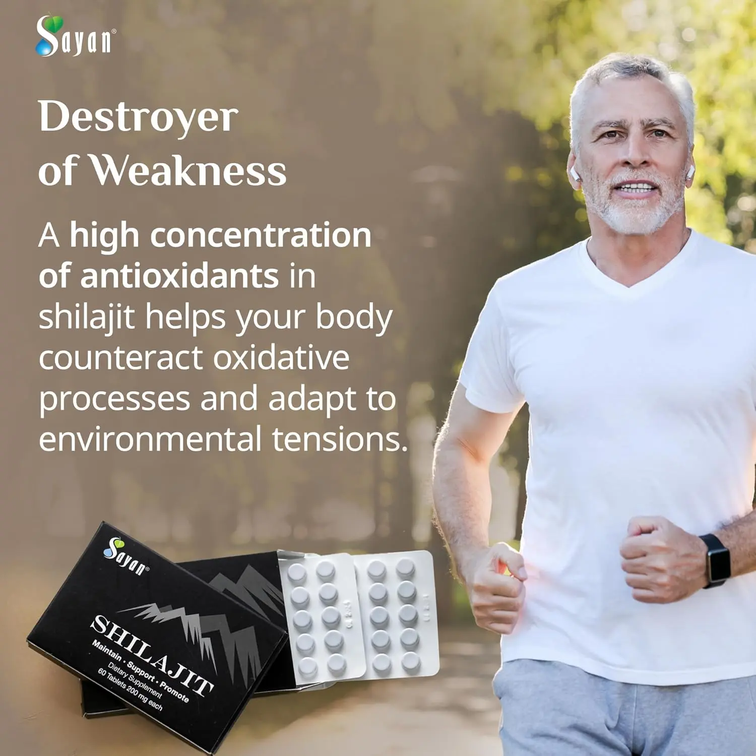 Sayan pure Shilajit tablets, a black resin mineral pitch supplement sourced from the Altai Mountains, providing fulvic acid and trace minerals for immune support and energy.