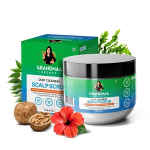 Nidhi's scalp scrub with curry leaves and seaweed gently exfoliates and cleanses the scalp, removing dandruff and buildup for healthier hair.