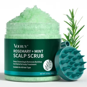 Rosemary scalp scrub exfoliates and clarifies hair, removing buildup and promoting hair growth with peppermint oil and a silicone massager.