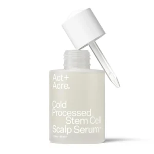 ACT+ACRE scalp serum with apple stem cells and aloe vera promotes hair growth, soothes itchy scalp, and balances the scalp microbiome.