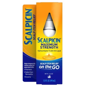 This image shows Scalpicin Maximum Strength liquid medication for relieving itchy scalp associated with psoriasis, seborrheic dermatitis, and eczema, featuring a fragrance-free and greaseless formula that improves scalp condition.