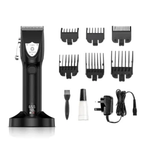 The Scar professional hair clipper kit for men features zero gapped blades, a cordless design, rechargeable battery, LED display, and includes a charging base, oil, cleaning brush, and magnetic comb.