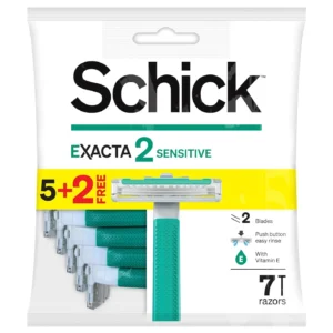 Schick Exacta2 disposable razor for men with lubricating strip enriched with Aloe and Vitamin E, providing a comfortable and close shave.