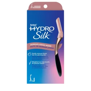Schick Hydro Silk DermaPro dermaplaning razor gently exfoliates and smooths skin with micro guards to protect skin, revealing a brighter, younger-looking complexion.